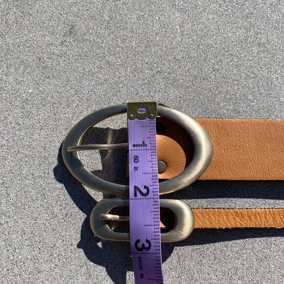 Brave Vintage 90s Y2K Tan Leather Gold Buckle Double Wide Skinny Belt - Picture 12 of 14